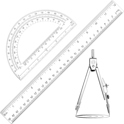 Zonon 3 Pcs 12" Clear Plastic Ruler 6 Inch Protractor Compass Set, Clear - color: Clear, size: 12 Inch