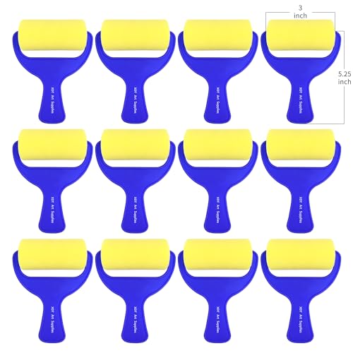 Foam Paint Roller 12 Piece Set 3''x12, Sponge Roller for Painting Art & Craft, Soft & Disposable & Washablea, Blue, Yellow - size: Foam Roller 3 Inch