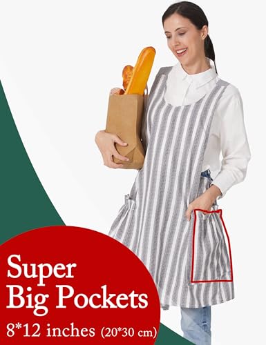 Cozy Adjustable Cross Back Aprons for Women with Pockets Cotton Linen Cooking Kitchen Baking - color: Grey Stripes