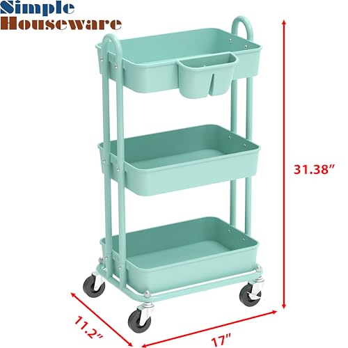 Simple Houseware 3-Tier Rolling Utility Cart with Hanging Bucket, Turquoise - color: Turqoise, size: 3-Tier