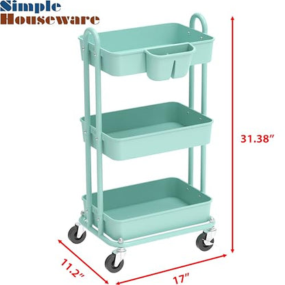 Simple Houseware 3-Tier Rolling Utility Cart with Hanging Bucket, Turquoise - color: Turqoise, size: 3-Tier