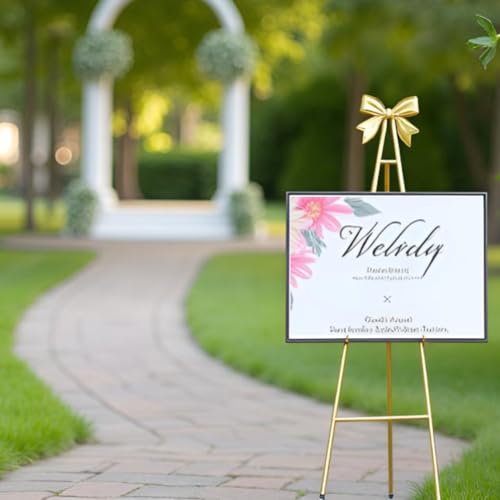 53”H Metal Gold Easel Stand for Sign Heavy Duty with Bow Top | Large Adjustable Display Standing for Wedding Displaying Pictures Poster Holder Showcasing - color: Golden bow top