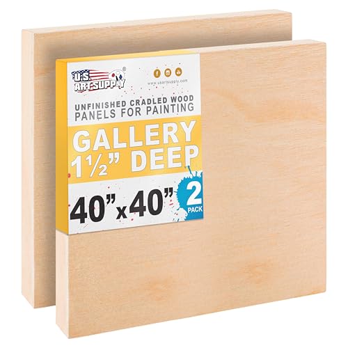 U.S. Art Supply 40" x 40" Unfinished Cradled Wood Panels for Painting, Gallery 1-1/2" Deep (2 Pack) - Artist Depth Wooden Wall Canvases - Mixed-Media Craft, Acrylic, Oil, Encaustic, Paint Pouring