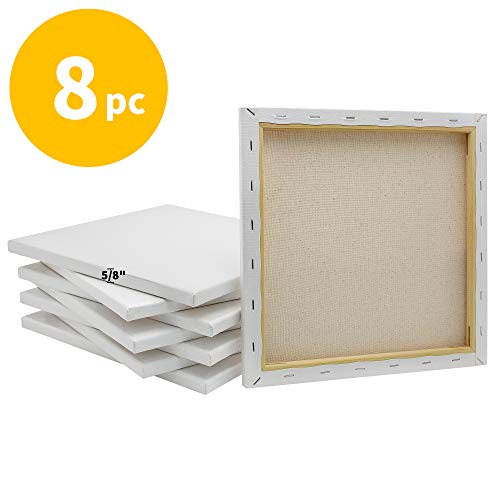 Stretched White Blank Canvas- 12x12 Inch,Bulk Pack of 8,Primed,100% Cotton,5/8 Inch Profile of Super Value Pack for Acrylics,Oils & Other Painting Media - size: 12"x12"