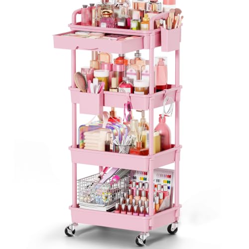 Goovilla Rolling Makeup Organizer Cart with Removable Drawer, 4 Tier Pink | Stable Floor Skincare Storage Cart for Vanity, Cosmetic Display, Nail Polish, Perfume, Hair Stuff, Beauty, Bathroom(Plastic) - color: Pink, size: 4 Tier
