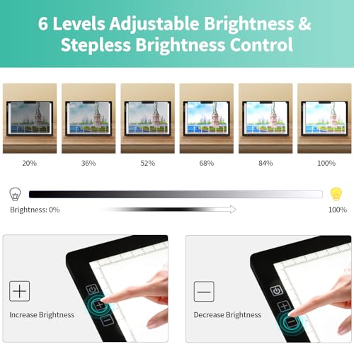Rechargeable A4 Light Pad - Stepless Dimmable 6 Levels Brightness Tracing Light Box, Diamond Painting Light Board with Top Clip, Battery Powered Portable Light Pad for Weeding Vinyl Tracing - style: A4 Rechargeable(Black)