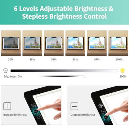 Rechargeable A4 Light Pad - Stepless Dimmable 6 Levels Brightness Tracing Light Box, Diamond Painting Light Board with Top Clip, Battery Powered Portable Light Pad for Weeding Vinyl Tracing - style: A4 Rechargeable(Black)