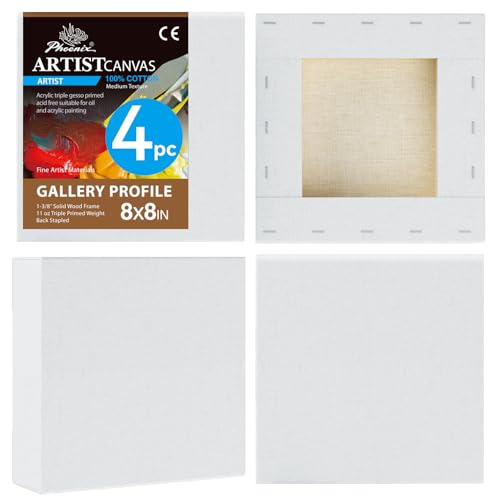 PHOENIX 8x8 Inch 4 Pack Gallery Canvas - 1.5 in Thick Small Square Canvases for Painting - Deep Edge 100% Cotton 11 Oz. Gesso Primed White Blank Professional Canvas Oil & Acrylic Paints - size: 8"x8", style: Gallery