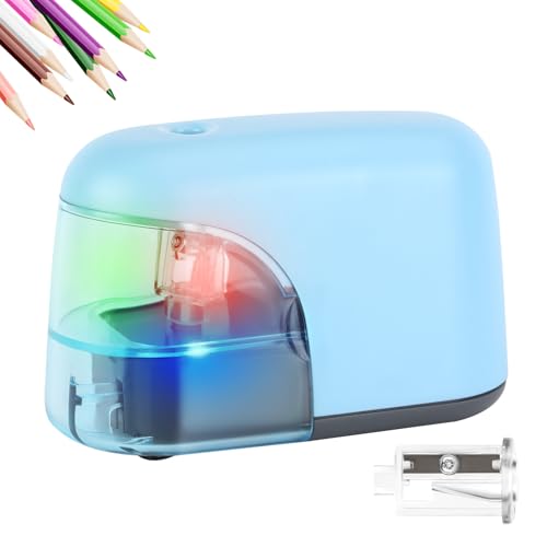 Battery-Operated Electric Pencil Sharpener with LED Light – Compact & Portable Pencil Sharpener for Home, School, or Office Use (Blue) - color: Blue