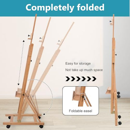 Beechwood H-Frame Artist Studio Easel with Wheels and Storage Tray, Natural | Adjustable Floor Easel Stand Holding Canvas up to 51Inches for Painting - style: Natural