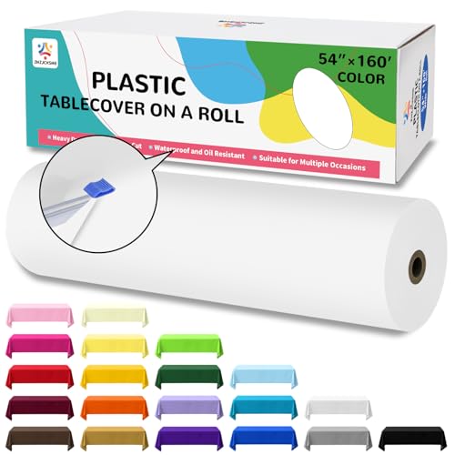 54IN X 160FT Plastic Table Cover Roll with Cutter Box, Cut to Size Plastic Table Cloths for Parties, Birthday, (White, 54"x1920") - color: White, size: 1920" x 54" (Rectangular)