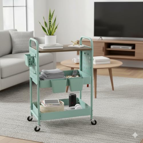 3 Tier Rolling Cart, Metal Storage Cart with Wooden Tabletop, Storage Cart with DIY Pegboards & Locked Wheels, Hooks & Hanging Cups for Any Room - color: Green