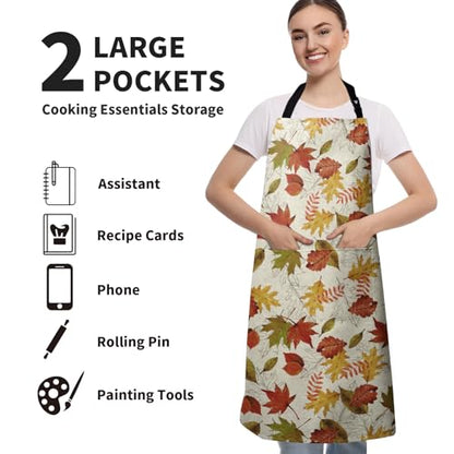 Fall Colorful Maple Leaves Apron with Pockets Autumn Watercolor Leaves Apron with Adjustable Neck Thanksgiving Day holiday Farmhouse Chef Cooking Apron for Women Men Dinner Baking BBQ - color: Fall-a