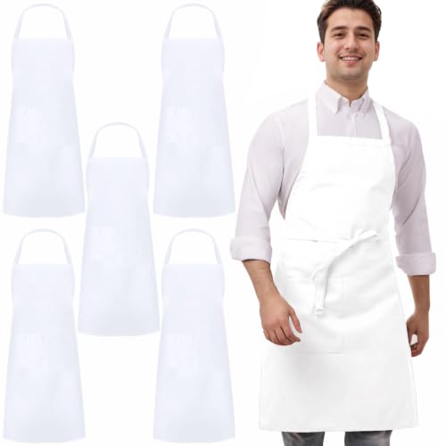 5 Pack Black White Apron, Chef Servers Waitress Aprons with Pockets for Men Women, Professional Work Apron - color: White