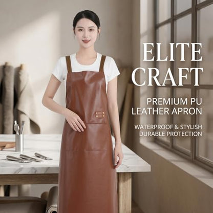 Waterproof Apron Large Pocket PU Material Waterproof Oil-proof Dust-proof Apron Black and Red - color: Brown（long）