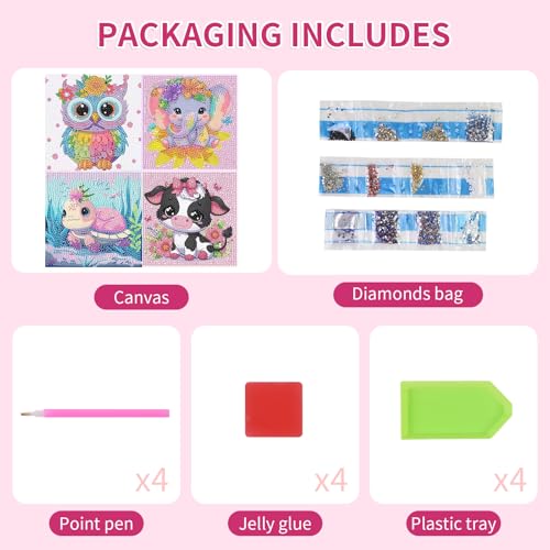 PERFECTSIGHT Cute 5D Diamond Art Kits, Kawaii DIY Painting Art for Adults Teen, 4 Pack Diamond Arts and Crafts Sets, Big Gem Full Drill Diamond Dots for Women (Elephant+Turtle+Cow+Owl) - style: Elephant+Turtle+Cow+Owl