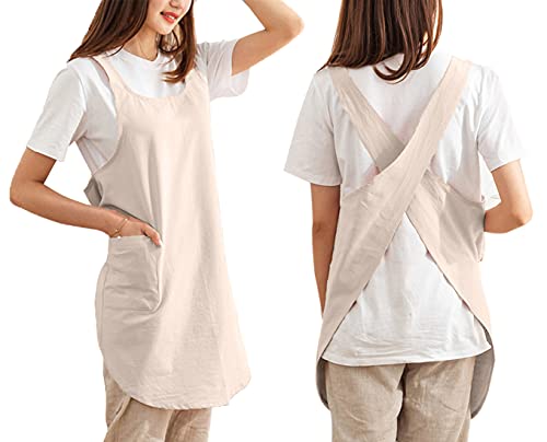 Cotton Cross Back Aprons Solid Color Cooking Kitchen Garden Smock for Women Girls with Pockets - color: Beige