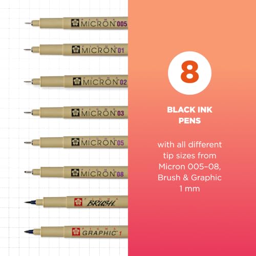 Sakura Pigma Micron, Graphic & Brush Fineline Pens, Archival Black Ink, 8 PK 30067 | Archival Black Ink Pens for Writing, Illustration & Journaling, Great for Artists, Crafters & DIY Gift Projects - size: 8 Count (Pack of 1)