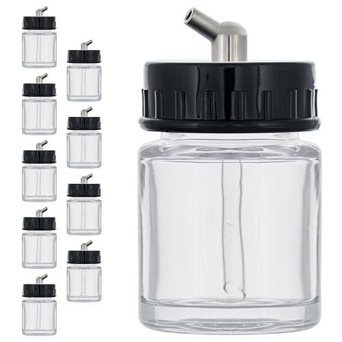 Master Airbrush (Pack of 10) TB-003 Empty 3/4 Ounce (22cc) Glass Jar Bottles with 60° Down Angle Adaptor Lid Assembly - Fits Single-Action Siphon Feed Airbrushes, Use with Master Badger Paasche, Iwata - size: 0.75oz - Glass - 60°