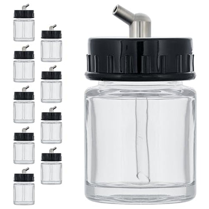 Master Airbrush (Pack of 10) TB-003 Empty 3/4 Ounce (22cc) Glass Jar Bottles with 60° Down Angle Adaptor Lid Assembly - Fits Single-Action Siphon Feed Airbrushes, Use with Master Badger Paasche, Iwata - size: 0.75oz - Glass - 60°