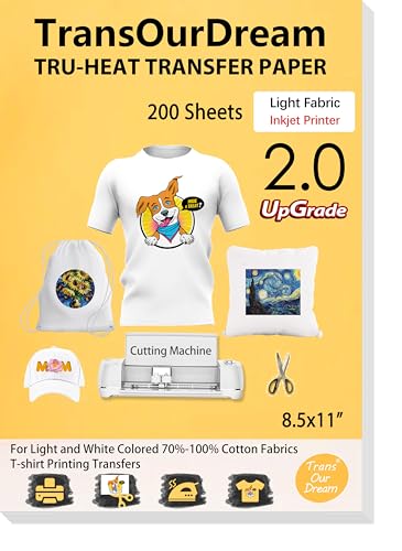 TransOurDream Heat Iron on Transfer Paper for Light T Shirts (200 Sheets, 8.5x11", 2.0) Printable HTV Heat Transfers Vinyl for Inkjet Printer, Iron on Transfers for Light Fabric - color: Light, size: 200 Sheets
