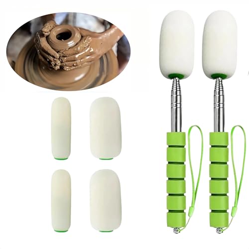 42" Sponge on a Stick for Pottery, 6 Detachable Sponge Heads, Telescoping Ceramic Tool for Removing Water & Shaping Tall/Narrow Vessels, Green Artist Pottery Tool (2 Stick) - color: 2 Green