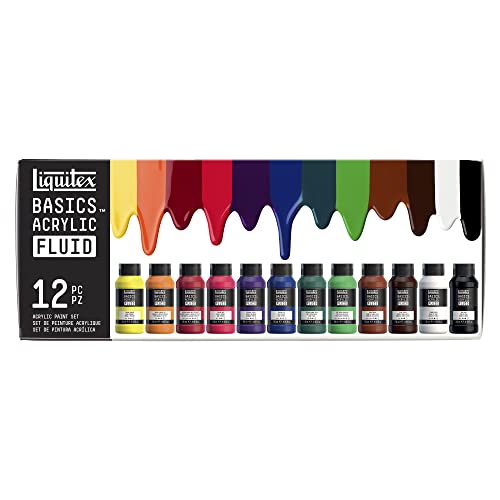 Liquitex BASICS Acrylic Fluid Paint, 6 x 118ml (4-oz.) Bottle Set | Super Versatile, Fine Art Pigments; Fluid Consistency, Vibrant satin colors, Permanent, Lightfast, Water-Resistant Finish - style: 12 x 118ml (4-oz.)