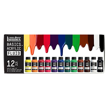 Liquitex BASICS Acrylic Fluid Paint, 6 x 118ml (4-oz.) Bottle Set | Super Versatile, Fine Art Pigments; Fluid Consistency, Vibrant satin colors, Permanent, Lightfast, Water-Resistant Finish - style: 12 x 118ml (4-oz.)