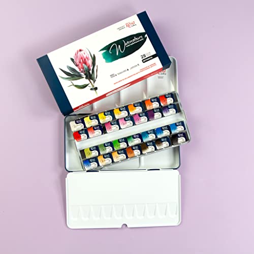 ROSA Gallery Botanical Watercolor Paint Set, Vibrant Kit Designed by Professional Artists, Washable, High Lightfastness Pigments, Made in Ukraine, Packed in Metal Paint Box, 28 Ct.