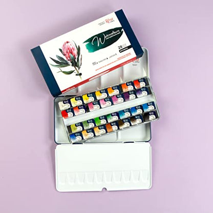 ROSA Gallery Botanical Watercolor Paint Set, Vibrant Kit Designed by Professional Artists, Washable, High Lightfastness Pigments, Made in Ukraine, Packed in Metal Paint Box, 28 Ct.