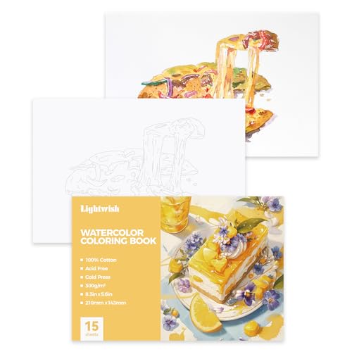 Lightwish Watercolor Coloring Book for Adults & Beginners,100% Cotton 300gsm/140lb Acid-Free Cold Press Paper, 8.3 x 5.6 Inches,15 Sheets,Food-Themed - color: Food-Themed