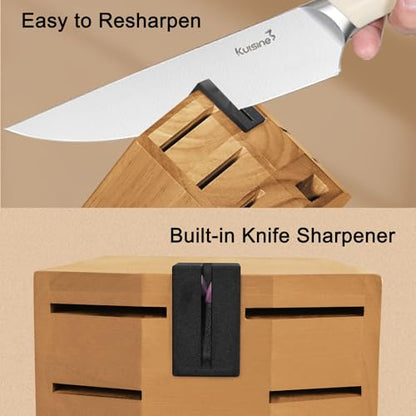 Kuisine Kitchen Knife Set,High Carbon Stainless Steel Ultra Sharp Blade Ergonomic Handle,Knife Block Set with Built-in Sharpener,Elegant Gift for Holiday(Irovy-Acacia,15PCS) - color: Pro Max Acacia Wood, size: 15 pieces
