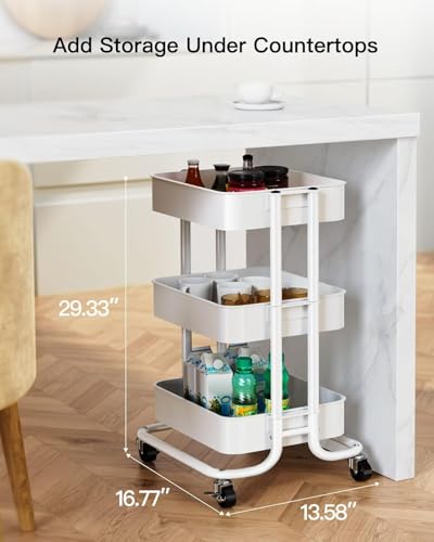 Pipishell 3 Tier Metal Rolling Utility Cart with 2 Lockable Wheels, White | 360° Rotating Wheel, Heavy-Duty Steel, Sturdy Dual Columns, Ventilated Mesh, Hold 22 lbs per Shelf, for Kitchen & Living Room - color: White, size: 3 Tier