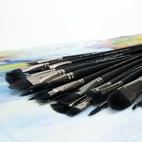Black Swan Synthetic Red Sable Paint Brushes Set of 15 - Long Handle Paint Brushes in Assorted Shapes and Sizes for Oils, Heavy Body Media and Acrylics