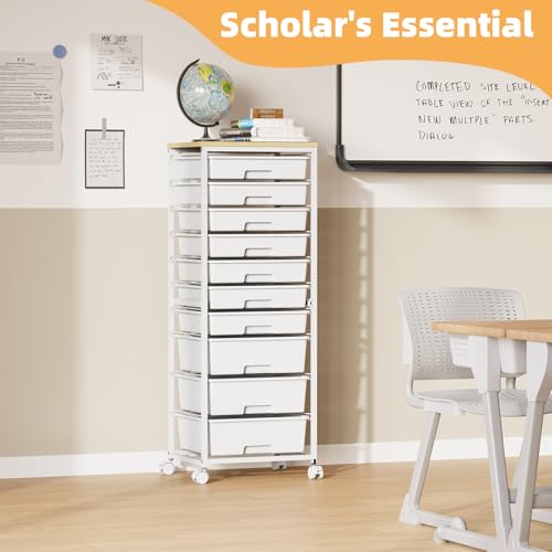 SYKIARIOL Rolling Storage Cart with 10 Drawers,White | Craft Cart with 3 Big Drawers + 7 Small Drawers,Teacher Storage Cart with Wooden Tabletop for School,Office and Home