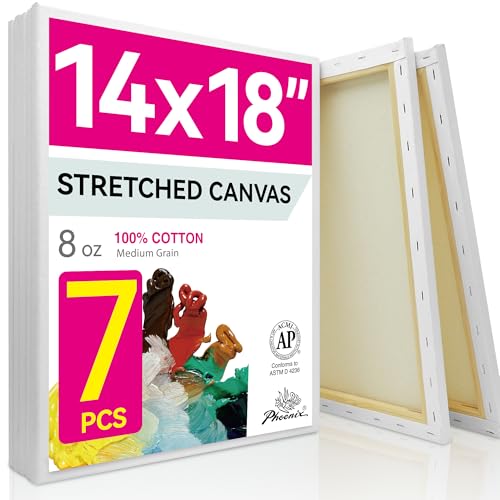PHOENIX Large Stretched Canvas for Painting 14x18 Inch/7 Value Pack, 8 Oz Triple Primed 5/8 Inch Profile 100% Cotton White Blank Canvas, Large Framed Canvas for Oil Acrylic & Pouring Art - size: 14"x18", style: Studio Set (8 Oz.)
