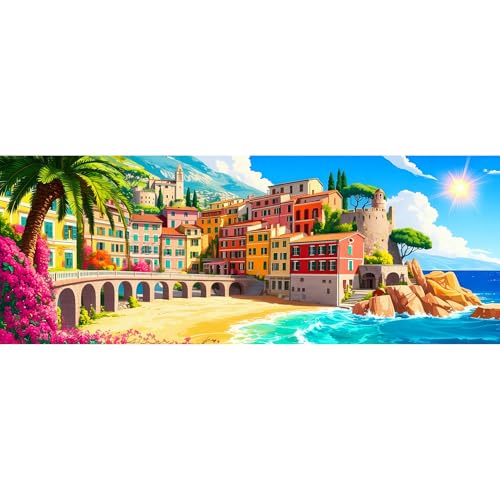 Reofrey Large Diamond Art Kits for Adults Colorful Seaside Town, 12x31.5 inch Full Drill Round Rhinestone Big Diamond Painting Kit, DIY Cross Stitch Embroidery Canvas for Crafts Home Wall Decor - color: Colorful Seaside Town