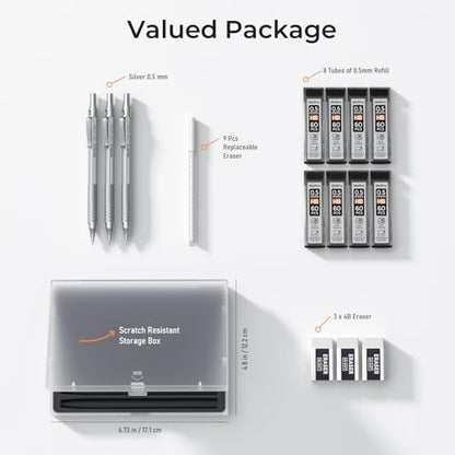 Nicpro 0.5 Mechanical Pencil Set with Case, 3PCS MP1000 Metal Artist Pencil | 480PCS HB Lead Refills 0.5mm, 3 Erasers,9 Eraser Refills For Architect Writing Drafting, Drawing, Engineering, Sketching - color: Silver, style: 0.5 MM