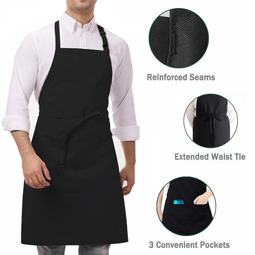 3 Pack Black White Chef Apron, Adjustable Kitchen Apron with 3 Pocket for Men Women Waitress Waiter Serve (Polycotton) - color: Black