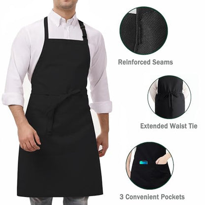 3 Pack Black White Chef Apron, Adjustable Kitchen Apron with 3 Pocket for Men Women Waitress Waiter Serve (Polycotton) - color: Black