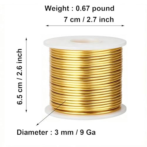 9GA 3MM，0.67 Pound 50 ft Gold Aluminum Wire for Crafting Bendable Sculpting Wire, Tarnish Resistant for Jewelry Making, Sculpture & DIY Art Crafts - color: Gold, size: 9GA 3MM
