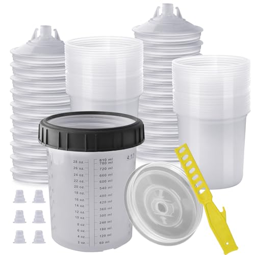 Disposable Paint Sprayer Gun Cup 27 Ounce(800ML) Kit with 30 Cups and Lids System, 1 Hard Cup with Retainer Ring, 6 Plugs, 1 Paint Stirrer for Automotive Commercial Coatings (27 Ounce-30PCS) - size: 27 Ounce-30PCS)