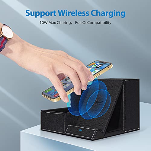 TopMade Wireless Charger with Desk Nightstand Organizer, PU Leather Pen Pencil Holder Fast Charging Station, Office Supplies for Iphone Charging Stand, Anniversary Birthday Gifts for Men(Black) - color: Black
