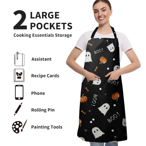 Halloween Kitchen Apron with Pockets Orange Pumpkin Cute White Ghost Chef Aprons Spooky Boo Holiday Waterproof Adjustable Aprons for Women Men Cooking - color: Ghost Pumpkin
