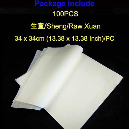KYMY Chinese/Japanese Calligraphy Paper 100PCS, Sumi Paper/Rice Paper for Writing Painting Drawing Practice, Chinese Brush Ink Xuan Paper Sheng (Raw) Xuan (34 x 34 cm (13.38 x 13.38 Inch)) - size: Sheng (Raw) Xuan 34 x 34 cm (13.38 x 13.38 Inch)