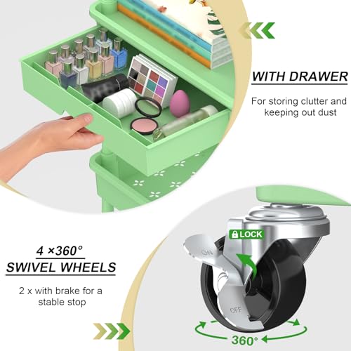 Goovilla 3 Tier Rolling Utility Cart Organizer with Removable Drawer, Green | Stable and Sturdy Rolling Storage Carts with 2 Lockable Wheels for Bathroom, Kitchen, Snack, Craft, Makeup, Baby Essentials - size: 3 Tier, style: Green