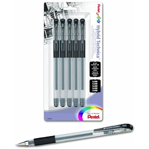 Pentel Arts Hybrid Technica Gel Pen with Assorted Tip Sizes, Black Ink, Pack of 5 (KN10BP5A) - size: 5 Count (Pack of 1), style: Assorted Tip Sizes
