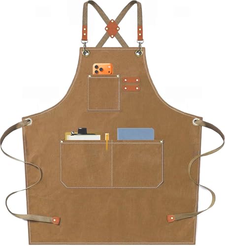 Chef Aprons for Men Women with Oversized Pockets, 16-Ounce Cotton Canvas Cross Back Heavy Duty Work Apron (Brown) - color: Brown