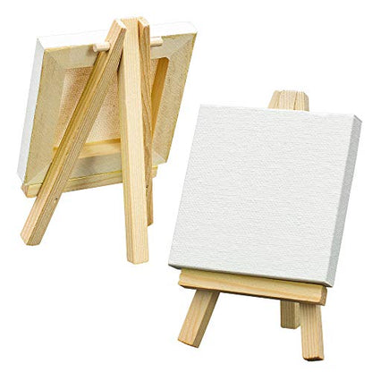 FIXSMITH 3x3 Inch Mini Stretched Canvas Easel Set- Bulk Pack of 12,Small Stretched White Blank Canvas Panels & Wood Easels for Painting Craft Drawing Decoration Gift Art Project DIY, Art Supplies - size: 3"X3"+ Easel
