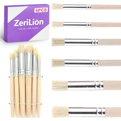 6 Pcs Stencil Brushes Set, Natural Bristle Dome Paint Brush for Wall Stenciling, Floor Stencils, DIY Craft, Acrylic Oil Watercolor Painting